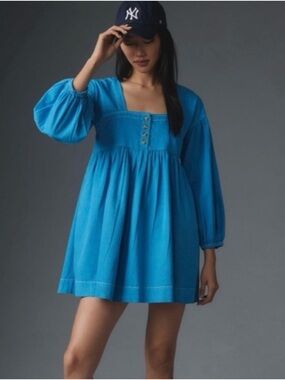 Anthropologie Turquoise Square-Neck Mini Dress